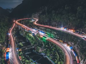 Превью обои дорога, ночь, свечение, долгая выдержка
