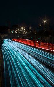 Превью обои дорога, ночь, свет, поворот