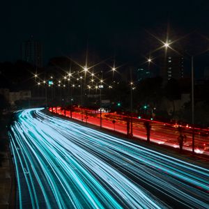 Превью обои дорога, ночь, свет, поворот