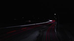 Превью обои дорога, ночь, темный, огни, длинная выдержка
