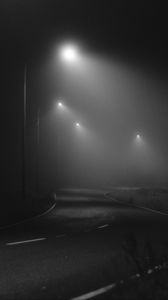 Превью обои дорога, ночь, туман, фонари, чб
