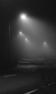 Превью обои дорога, ночь, туман, фонари, чб