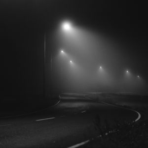 Превью обои дорога, ночь, туман, фонари, чб