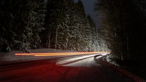 Превью обои дорога, ночь, зима, огни, длинная выдержка, темный