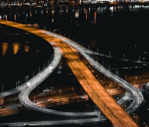 Превью обои дорога, ночной город, огни, движение
