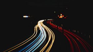 Превью обои дорога, огни, длинная выдержка, ночь, темный
