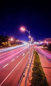 Превью обои дорога, огни, длинная выдержка, свет, ночь
