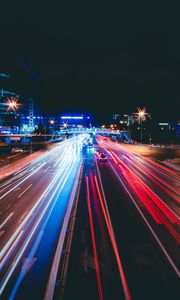 Превью обои дорога, огни, фризлайт, город, ночь