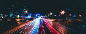 Превью обои дорога, огни, фризлайт, город, ночь