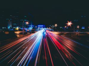 Превью обои дорога, огни, фризлайт, город, ночь
