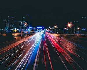 Превью обои дорога, огни, фризлайт, город, ночь