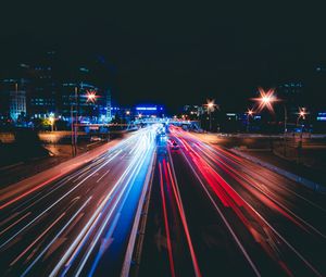 Превью обои дорога, огни, фризлайт, город, ночь