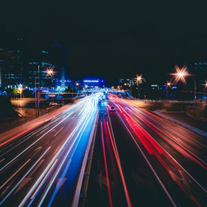 Превью обои дорога, огни, фризлайт, город, ночь