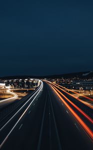 Превью обои дорога, огни, линии, ночь, длинная выдержка, темный