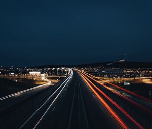 Превью обои дорога, огни, линии, ночь, длинная выдержка, темный