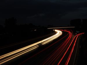 Превью обои дорога, огни, ночь, линии, фризлайт, длинная выдержка