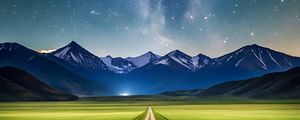 Превью обои дорога, поле, горы, звезды, космос, природа