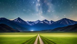 Превью обои дорога, поле, горы, звезды, космос, природа