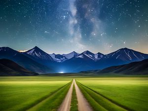 Превью обои дорога, поле, горы, звезды, космос, природа