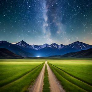 Превью обои дорога, поле, горы, звезды, космос, природа