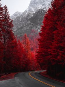 Превью обои дорога, поворот, деревья, красный, гора, пейзаж