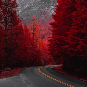 Превью обои дорога, поворот, деревья, красный, гора, пейзаж