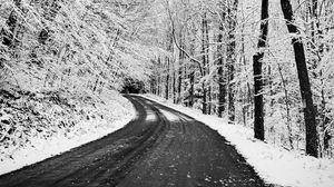 Превью обои дорога, поворот, деревья, снег, зима