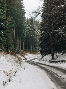 Превью обои дорога, поворот, лес, деревья, снег, зима