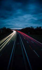 Превью обои дорога, поворот, подсветка, ночь, темный