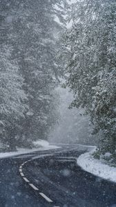 Превью обои дорога, поворот, снег, деревья, метель, зима