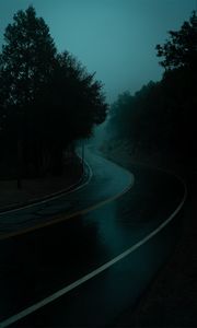 Превью обои дорога, поворот, туман, сумерки