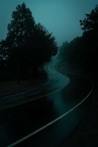 Превью обои дорога, поворот, туман, сумерки