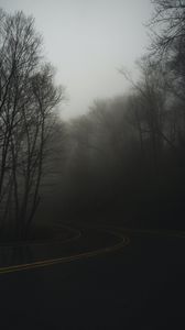 Превью обои дорога, поворот, туман, мгла, сумерки