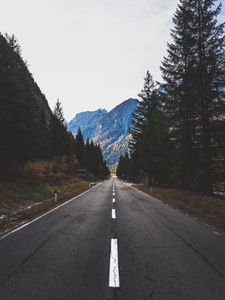 Превью обои дорога, разметка, горы, деревья