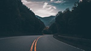 Превью обои дорога, разметка, поворот, деревья