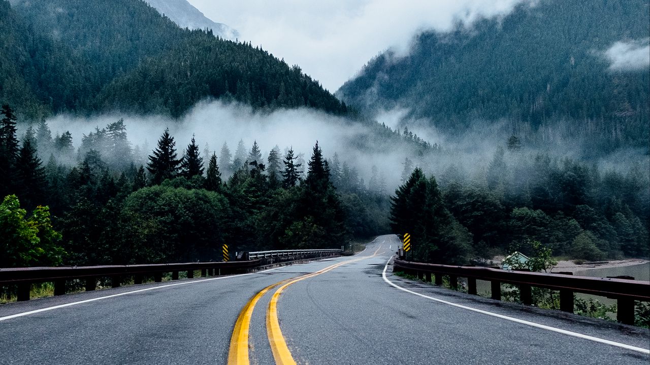 Обои дорога, разметка, поворот, горы, туман