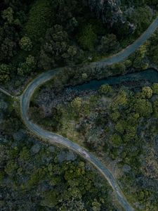 Превью обои дорога, река, деревья, вид сверху