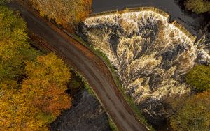 Превью обои дорога, река, водопад, деревья, вид сверху