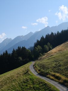 Превью обои дорога, склон, деревья, горы, пейзаж, природа