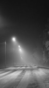 Превью обои дорога, снег, фонари, туман, зима, иней, деревья