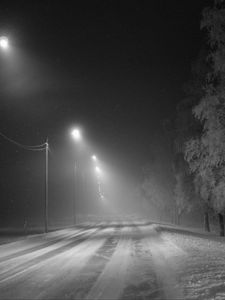 Превью обои дорога, снег, фонари, туман, зима, иней, деревья