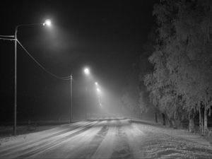Превью обои дорога, снег, фонари, туман, зима, иней, деревья