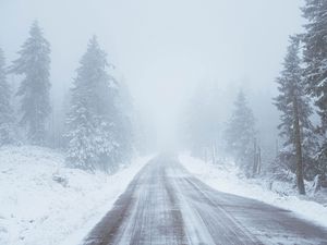 Превью обои дорога, снег, метель, деревья, зима