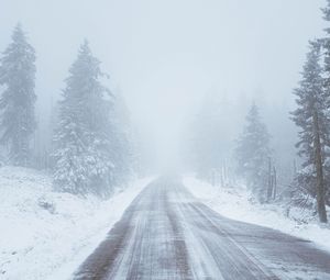 Превью обои дорога, снег, метель, деревья, зима