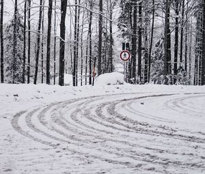 Превью обои дорога, снег, поворот, деревья, зима