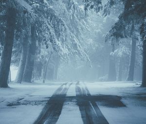 Превью обои дорога, снег, туман, зима, деревья, следы