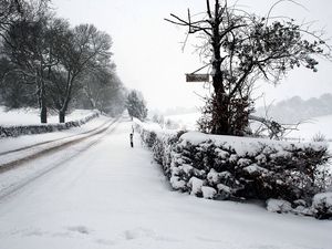 Превью обои дорога, снег, зима, табличка, вывеска, следы