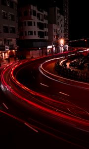 Превью обои дорога, свет, длинная выдержка, здания, ночь, темный