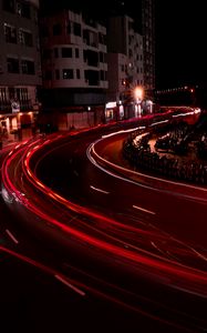 Превью обои дорога, свет, длинная выдержка, здания, ночь, темный