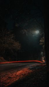 Превью обои дорога, свет, длинная выдержка, деревья, ночь, темный